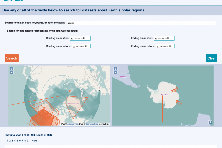 The POLDER Federated Search results page, showing the new addition of two side-by-side maps that appear before the listed results. The left map shows the Arctic, which has multiple overlapping orange rectangles of varying size largely clustered in the bottom left corner, and the right map shows the Antarctic, which has a few orange rectangles of varying size that are dispersed.