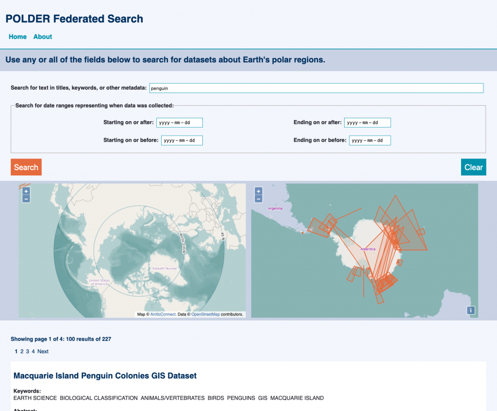 The POLDER Federated Search results page, showing the new addition of two side-by-side maps that appear before the listed results. The left map shows the Arctic, which is bare, and the right map shows the Antarctic, which has multiple overlapping orange rectangles of varying size.