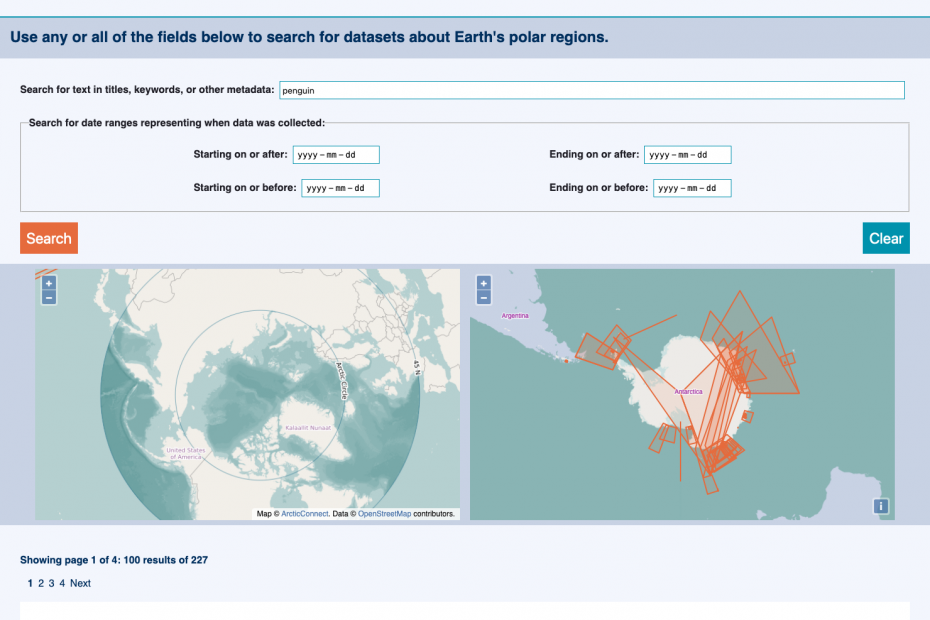 The POLDER Federated Search results page, showing the new addition of two side-by-side maps that appear before the listed results. The left map shows the Arctic, which is bare, and the right map shows the Antarctic, which has multiple overlapping orange rectangles of varying size.