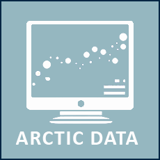 A simple computer screen with scatter plot data in the centre of the image. The words "ARCTIC DATA" are below the screen. The words and screen are white on a muted teal background.