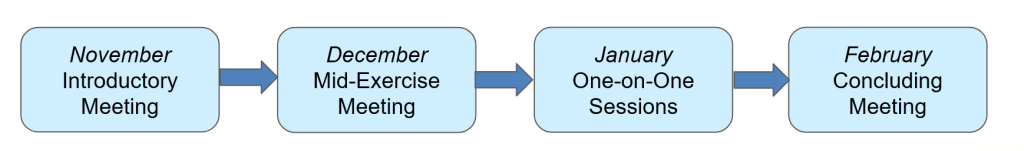 A simple depiction of the planned timeline. Each month that has a planned event has a labeled blue box, which is connected to the next blue box with darker blue arrows. There are four boxes. The first box has the text "November," with the planned event "Introductory Meeting" written below. The second box has the text "December," with the planned event "Mid-Exercise Meeting" written below. The third box has the text "January," with the planned event "One-on-One Sessions" written below. The fourth box has the text "February," with the planned event "Concluding Meeting" written below.