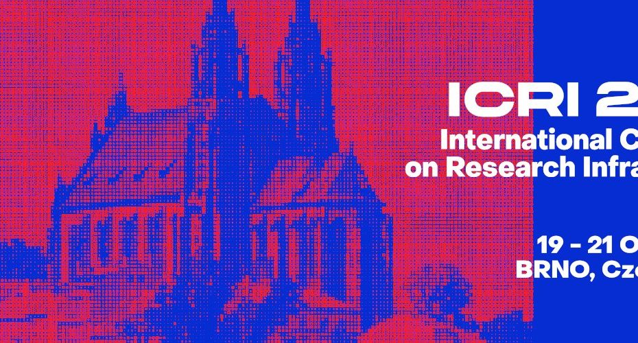 A deep blue background with the relief of a gothic style cathedral in bright red in the center. White block letters on the right side state "ICRI 2022 International Conference on Research Infrastructures. 19-21 October 2022, BRNO, Czech Republic".