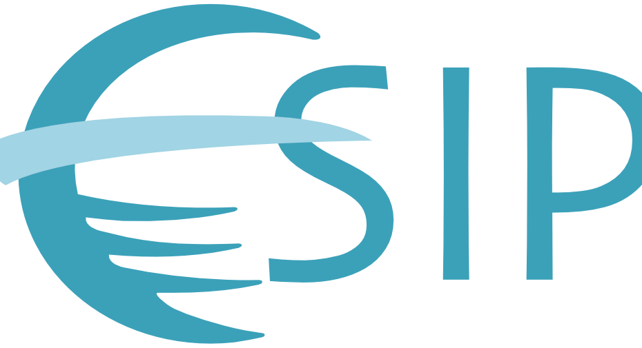 ESIP logo. On the left, an “E” is stylized to be circular teal coloured curve with a light blue slash in the middle, making it appear like Earth. To the right, “SIP” in stylized letters are in teal. The background is transparent.