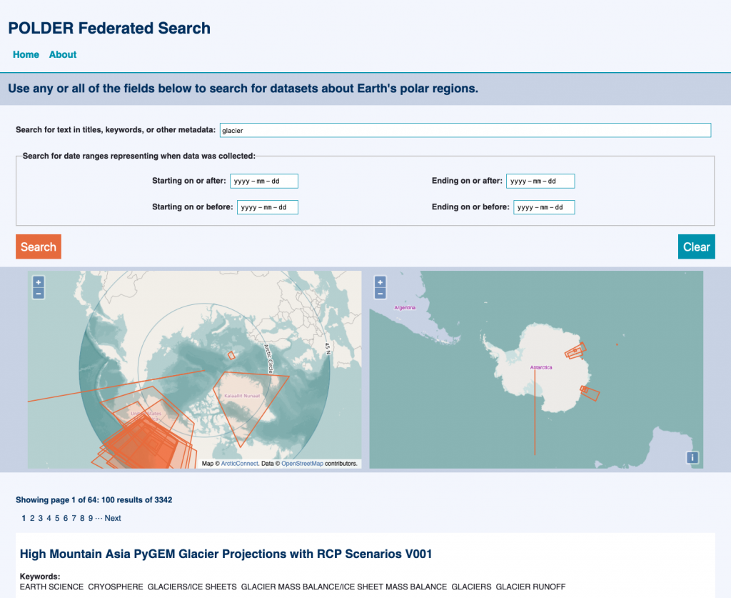 The POLDER Federated Search results page, showing the new addition of two side-by-side maps that appear before the listed results. The left map shows the Arctic, which has multiple overlapping orange rectangles of varying size largely clustered in the bottom left corner, and the right map shows the Antarctic, which has a few orange rectangles of varying size that are dispersed.