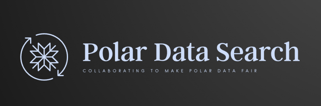 Polar Data Search logo image. A navy blue rectangle with "Polar Data Search" in large white letters with "Collaborating to make polar data FAIR" in small white letters underneath. On the left is a white snowflake with two curved white arrows creating a circle around it.